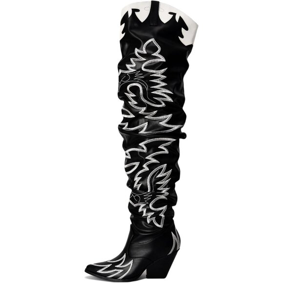 Women Black Fabric Thigh High Over The Knee Pointed Toe Chunky Heels Tall Boot - Picture 1 of 7